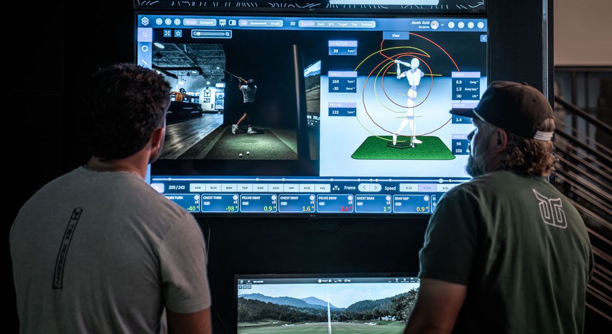 A Tee Box pro and golfer looking at training the data and technology screens we use in Tucson, AZ.