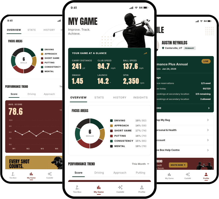 Multiple Tee Box Delray app screens showing golf performance tracking and player profile features.
